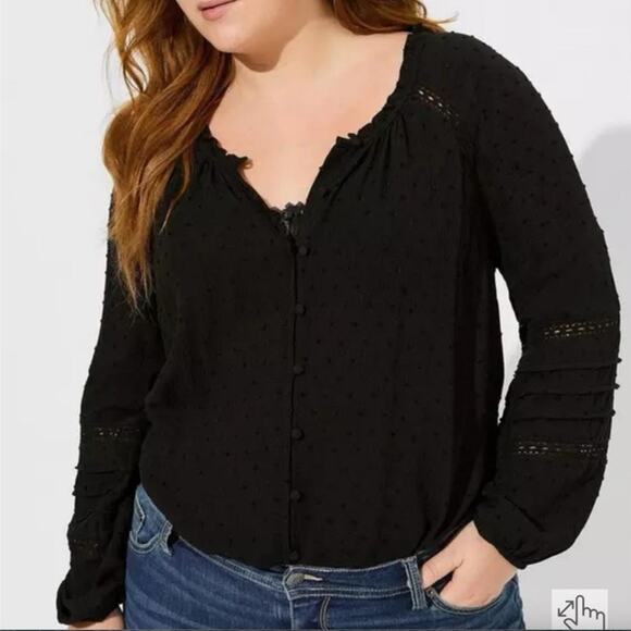Torrid Swiss Dot Lace Inset Top Deep Black Long Sleeve Plus Size 4X - Picture 1 of 12